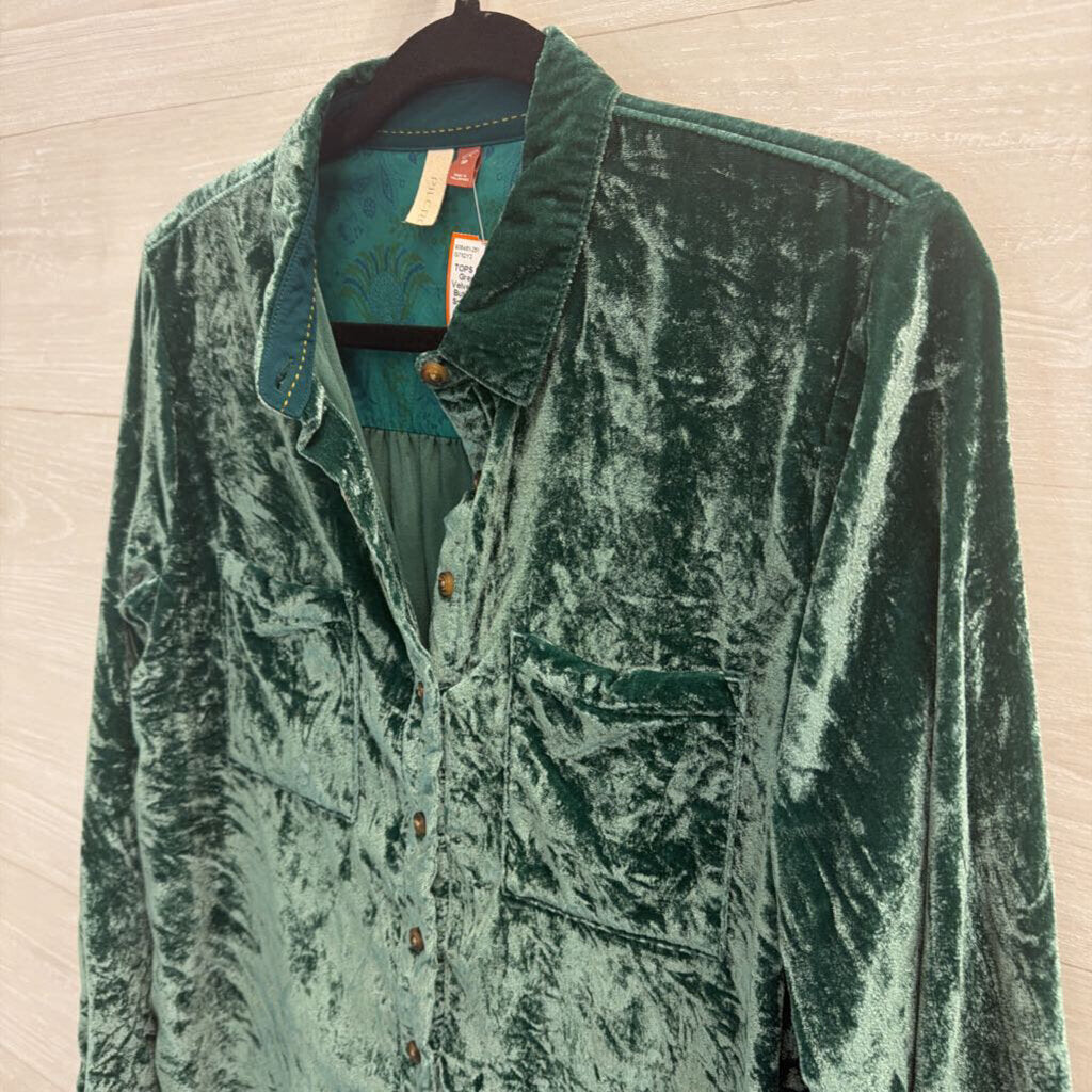 Pilcro Green Crushed Velvet Long Sleeve Button Down Top Small Petite