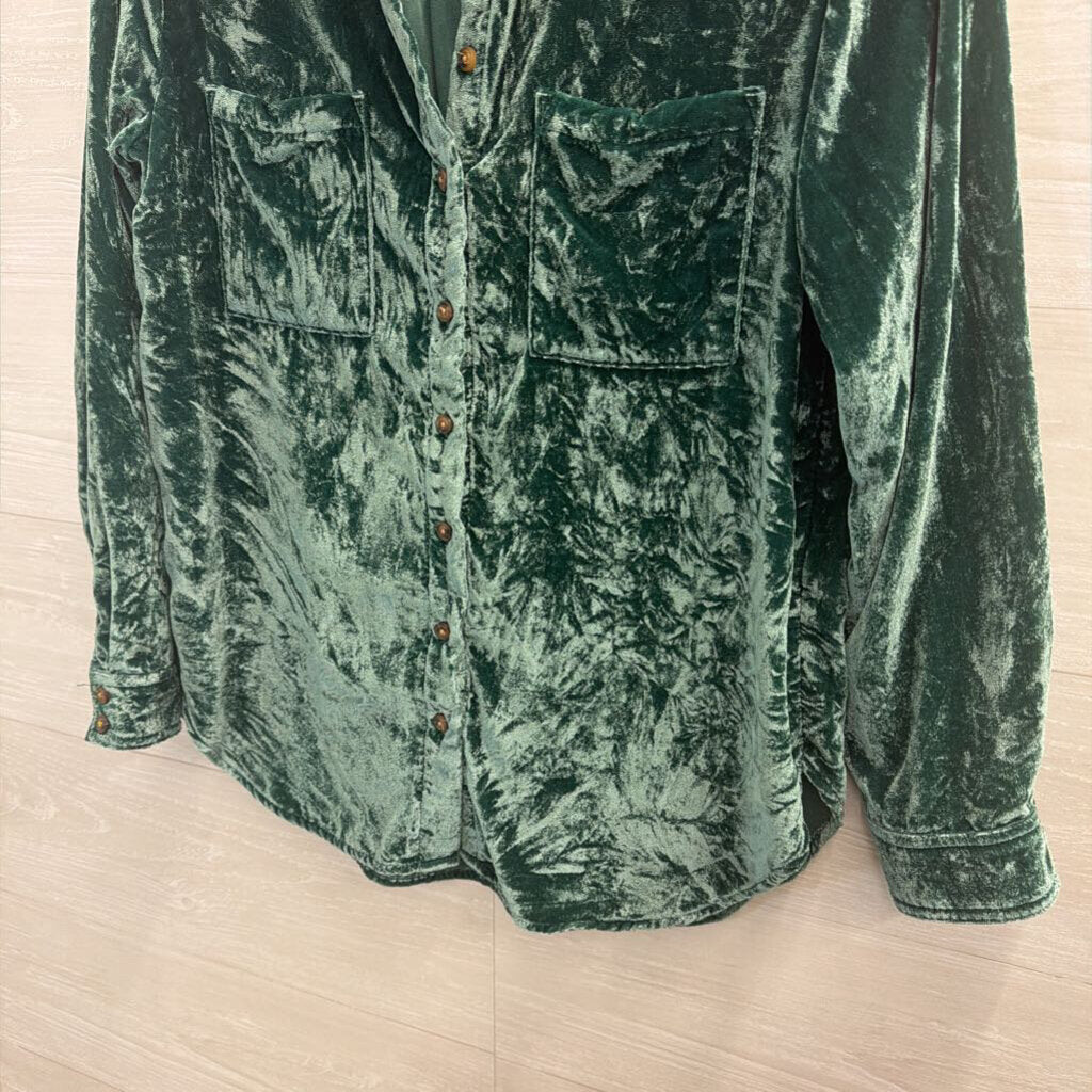 Pilcro Green Crushed Velvet Long Sleeve Button Down Top Small Petite