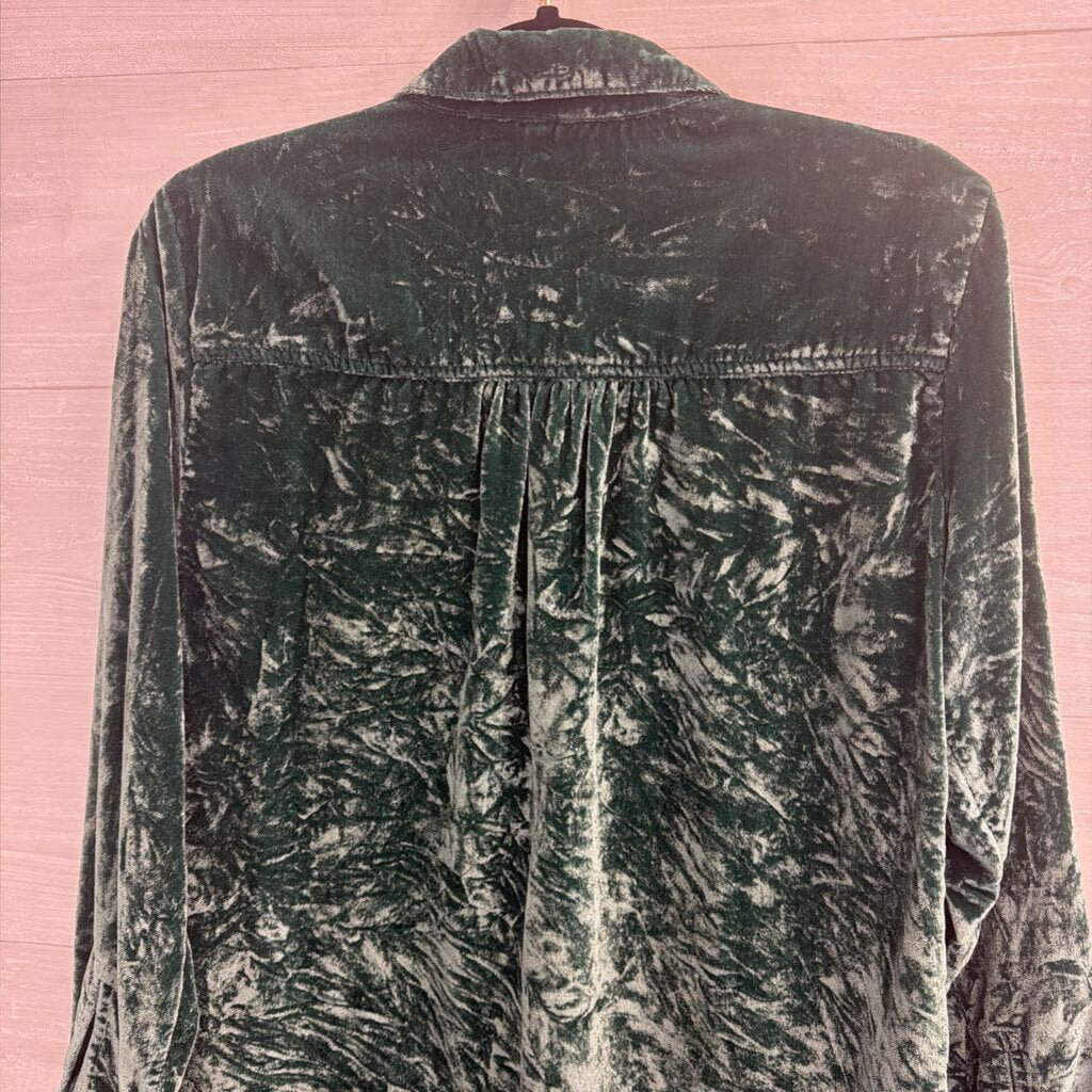 Pilcro Green Crushed Velvet Long Sleeve Button Down Top Small Petite