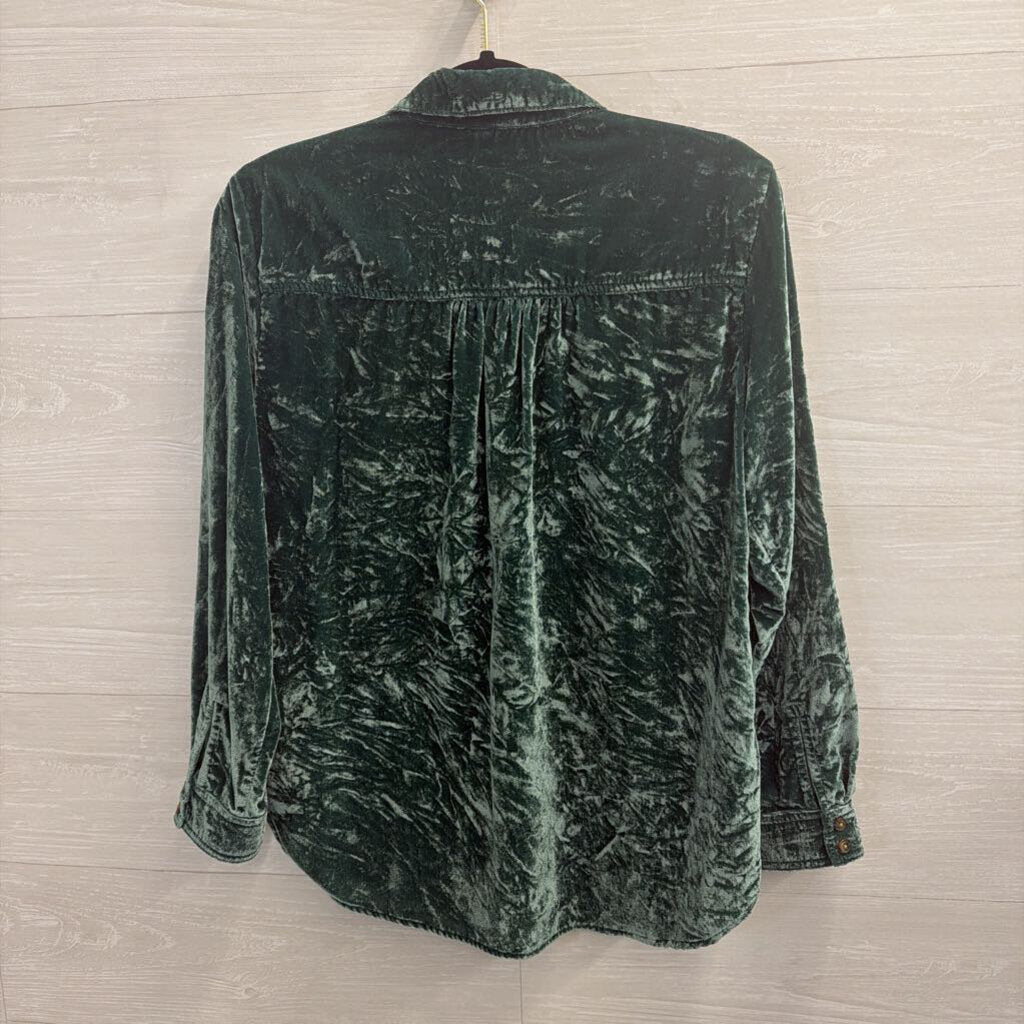 Pilcro Green Crushed Velvet Long Sleeve Button Down Top Small Petite