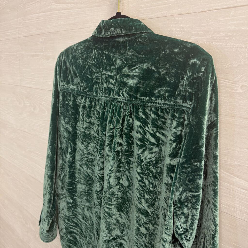 Pilcro Green Crushed Velvet Long Sleeve Button Down Top Small Petite