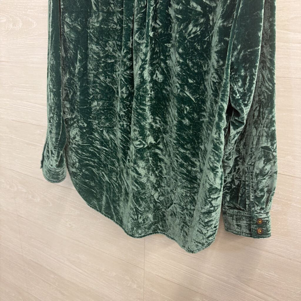 Pilcro Green Crushed Velvet Long Sleeve Button Down Top Small Petite