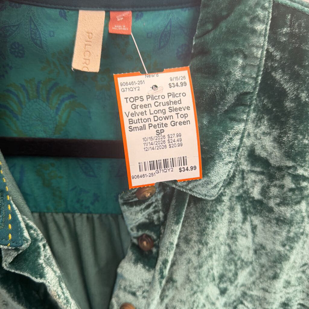 Pilcro Green Crushed Velvet Long Sleeve Button Down Top Small Petite