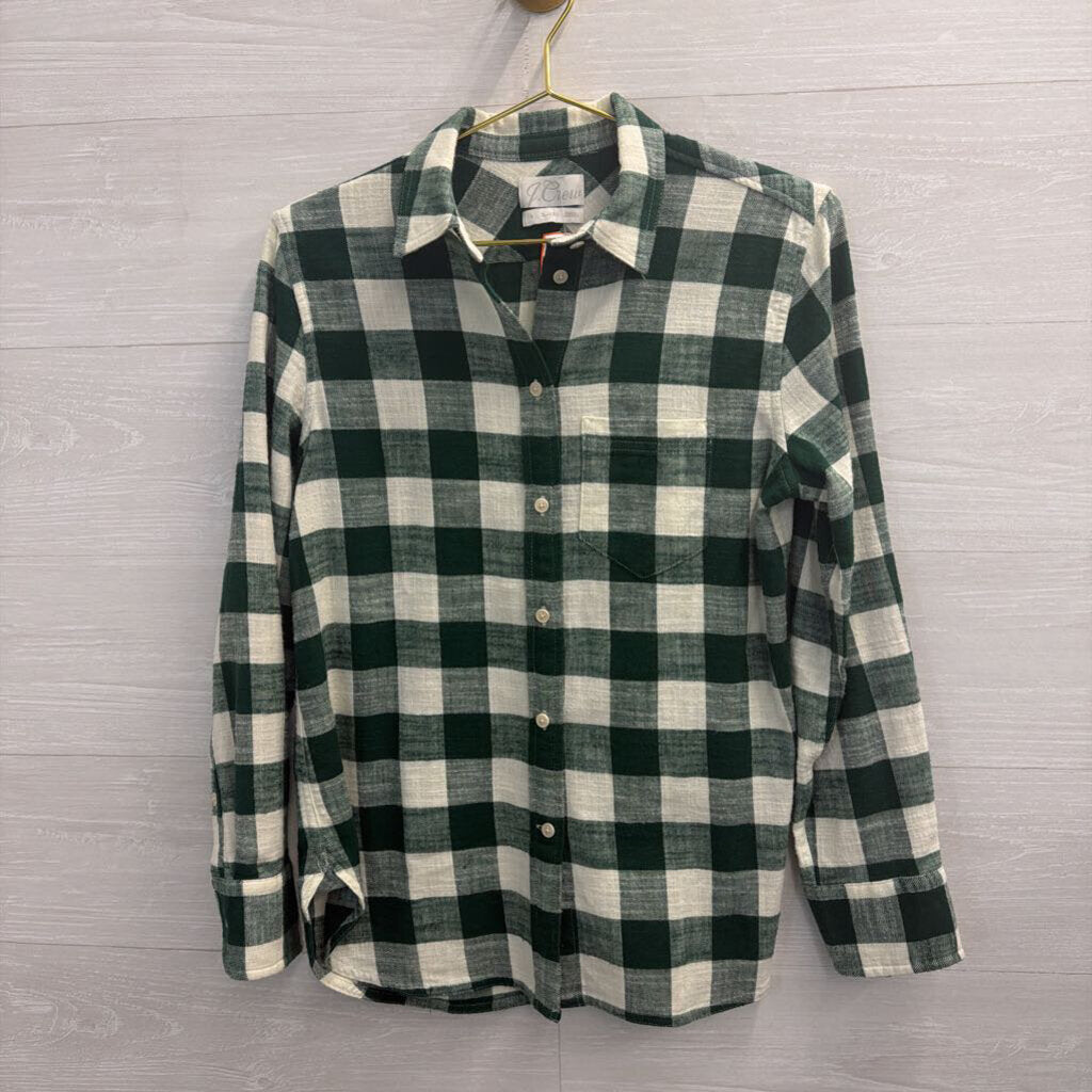 J Crew Green/ White Gingham Long Sleeve Button Down Top 2