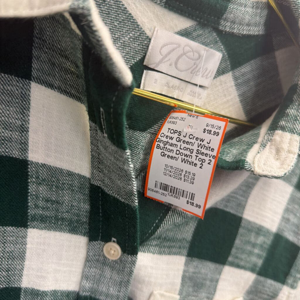 J Crew Green/ White Gingham Long Sleeve Button Down Top 2