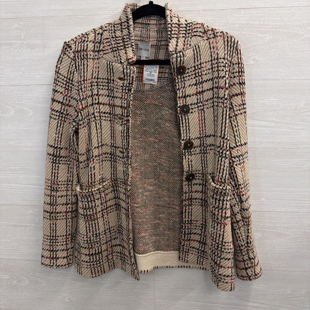 Nic and Zoe Beige/ Multi Plaid Button Front Jacket Top Small Petite