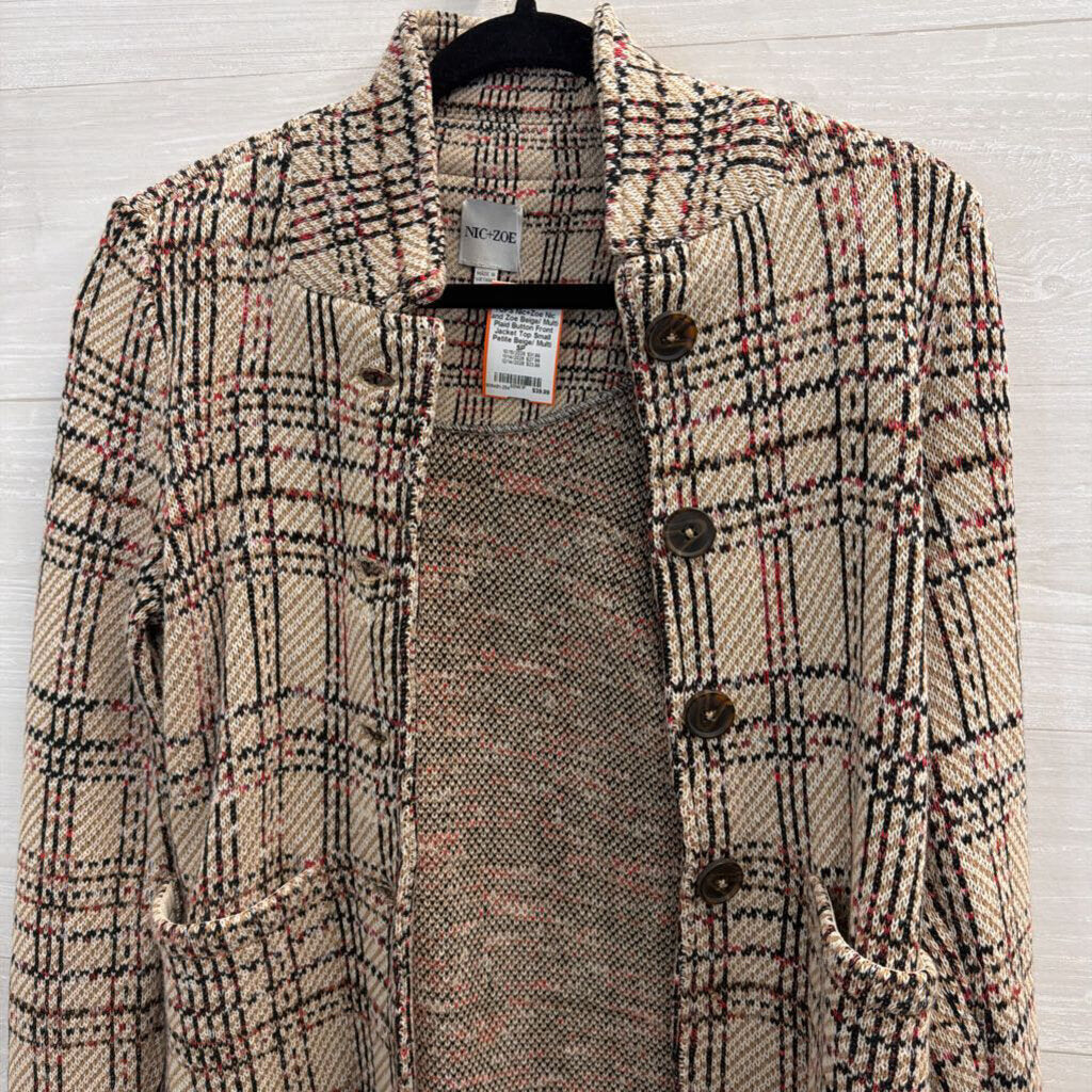 Nic and Zoe Beige/ Multi Plaid Button Front Jacket Top Small Petite