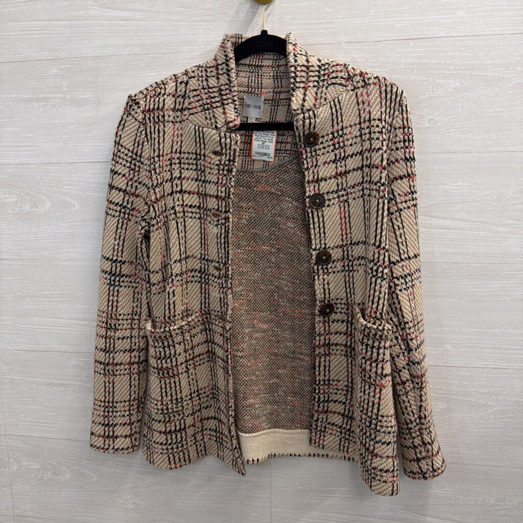Nic and Zoe Beige/ Multi Plaid Button Front Jacket Top Small Petite