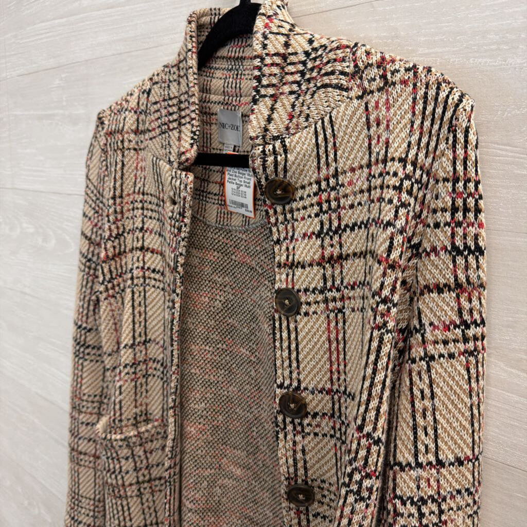 Nic and Zoe Beige/ Multi Plaid Button Front Jacket Top Small Petite