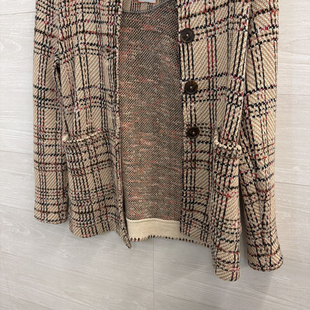 Nic and Zoe Beige/ Multi Plaid Button Front Jacket Top Small Petite