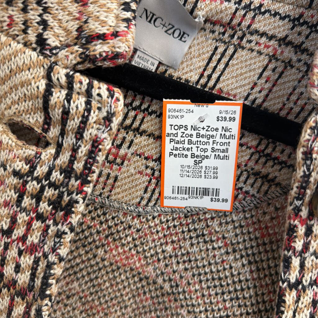 Nic and Zoe Beige/ Multi Plaid Button Front Jacket Top Small Petite