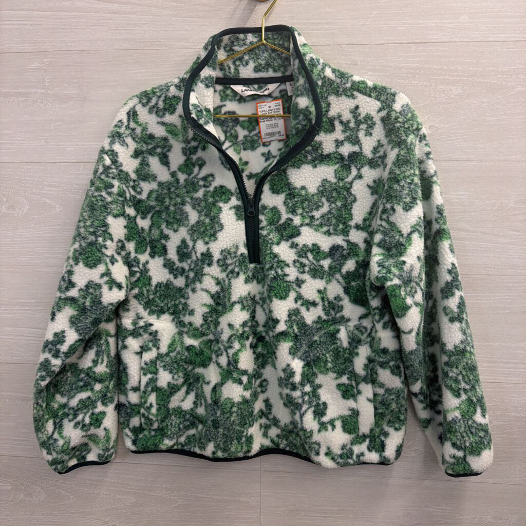 Land's End White/ Green Print Fleece Quarter Zip Pullover Small