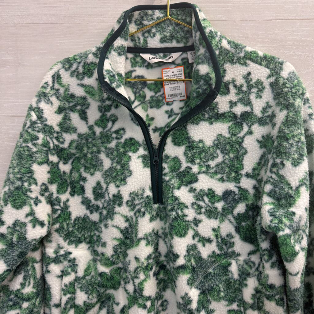 Land's End White/ Green Print Fleece Quarter Zip Pullover Small