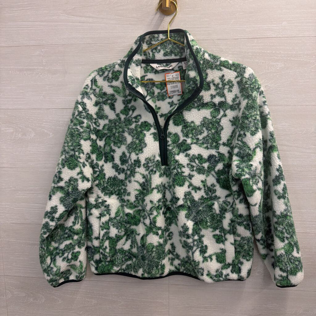 Land's End White/ Green Print Fleece Quarter Zip Pullover Small