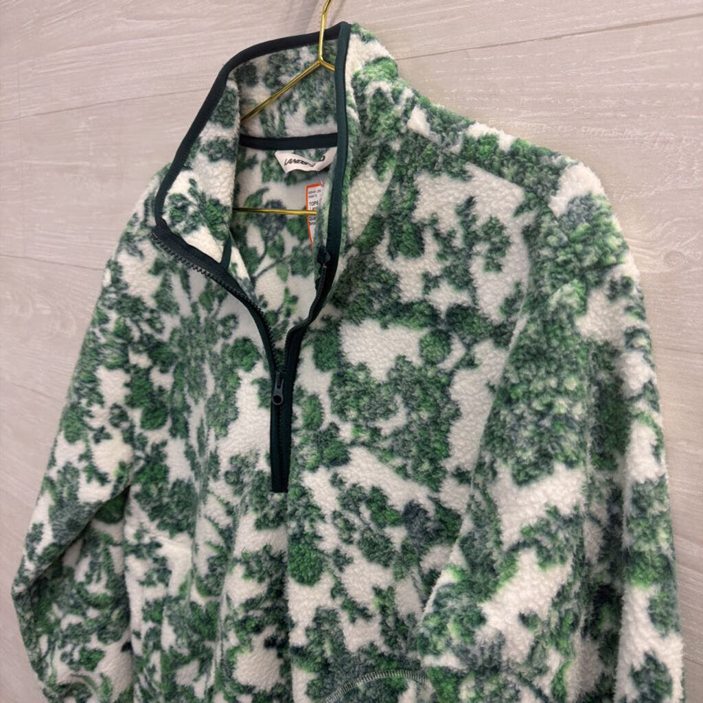 Land's End White/ Green Print Fleece Quarter Zip Pullover Small