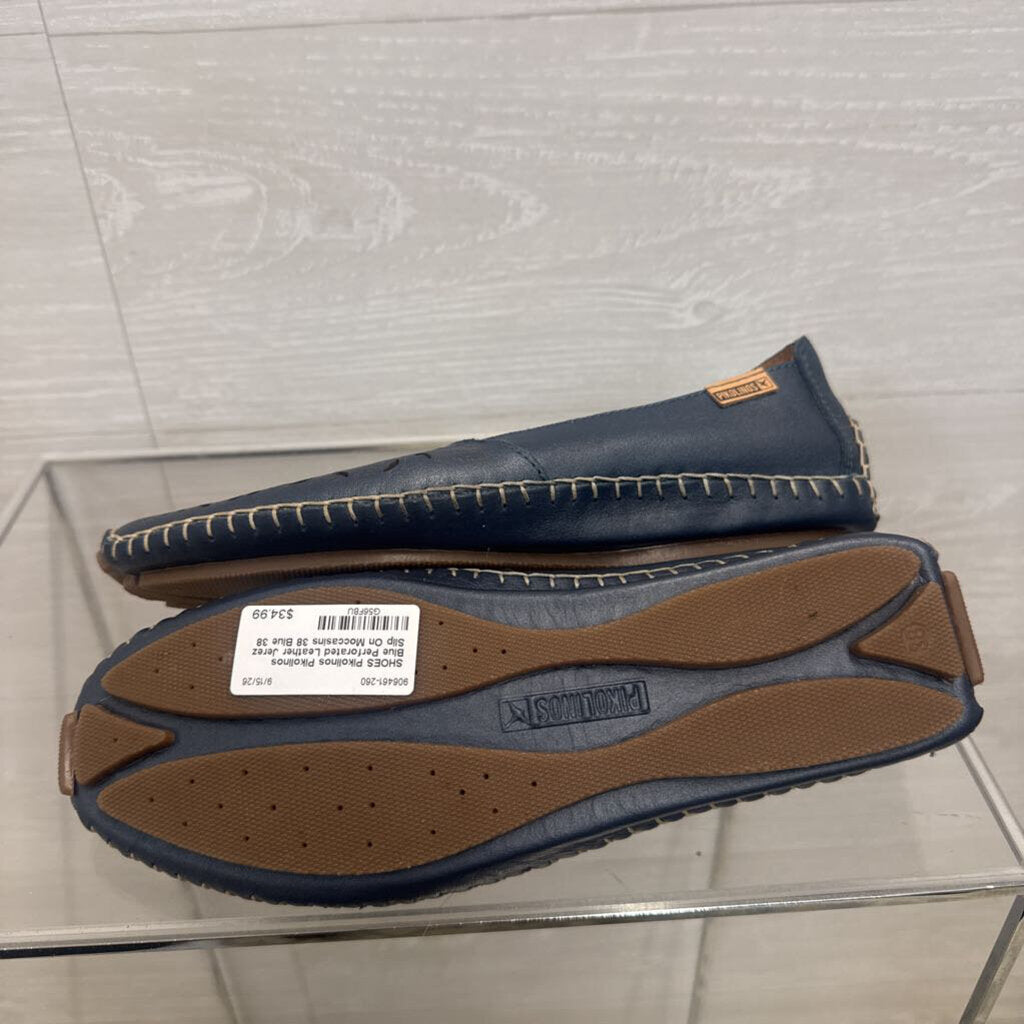 Pikolinos Blue Perforated Leather Jerez Slip On Moccasins 38