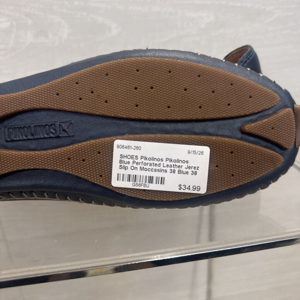 Pikolinos Blue Perforated Leather Jerez Slip On Moccasins 38