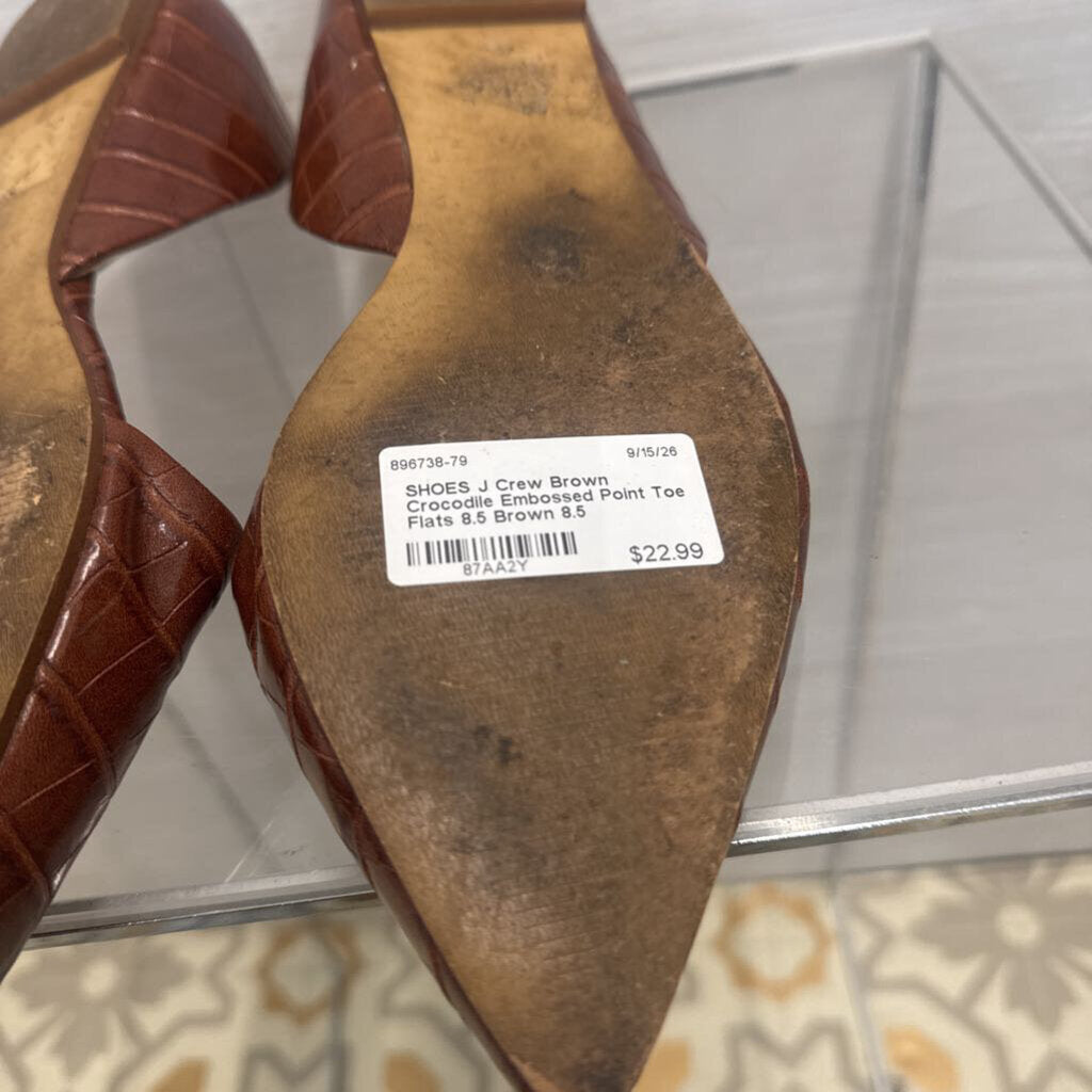 J Crew Brown Crocodile Embossed Point Toe Flats 8.5
