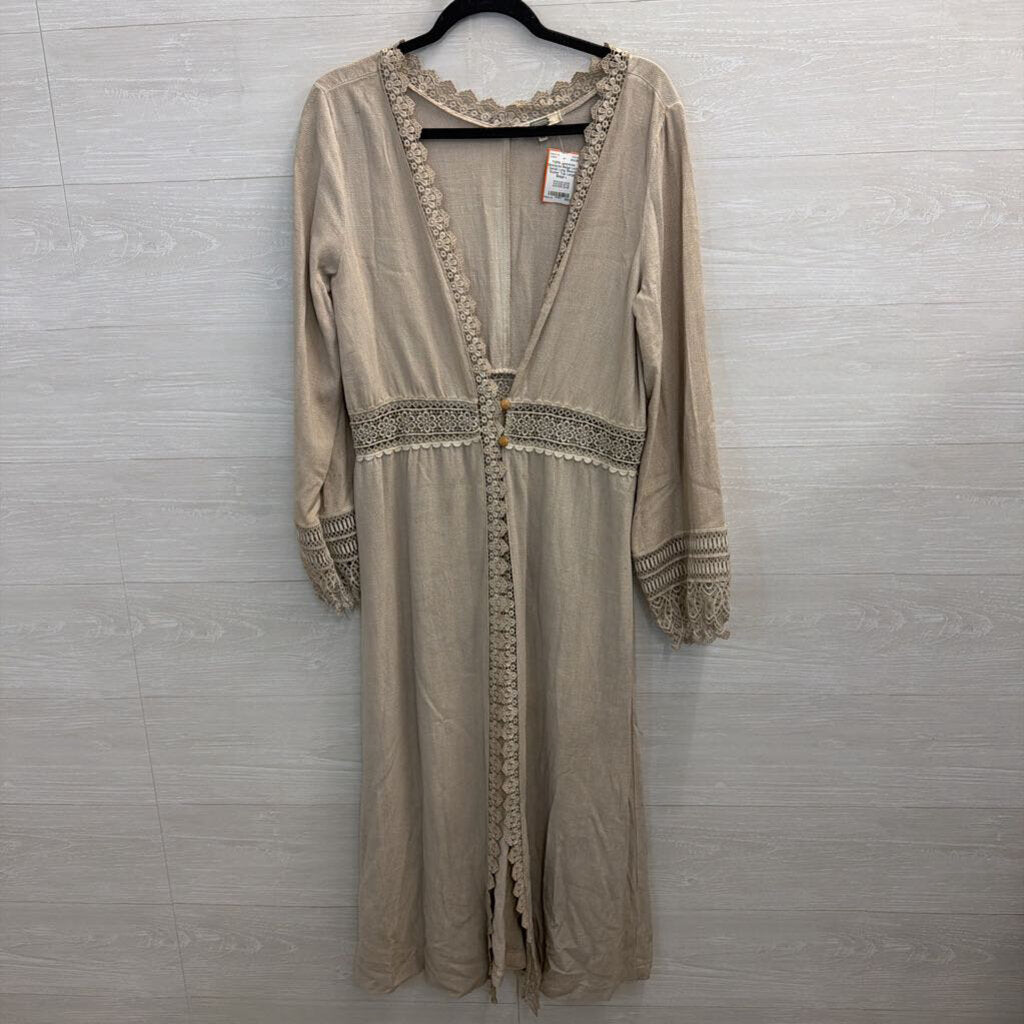 Gimmicks Beige Lace Detail Long Sleeve Duster Top Large