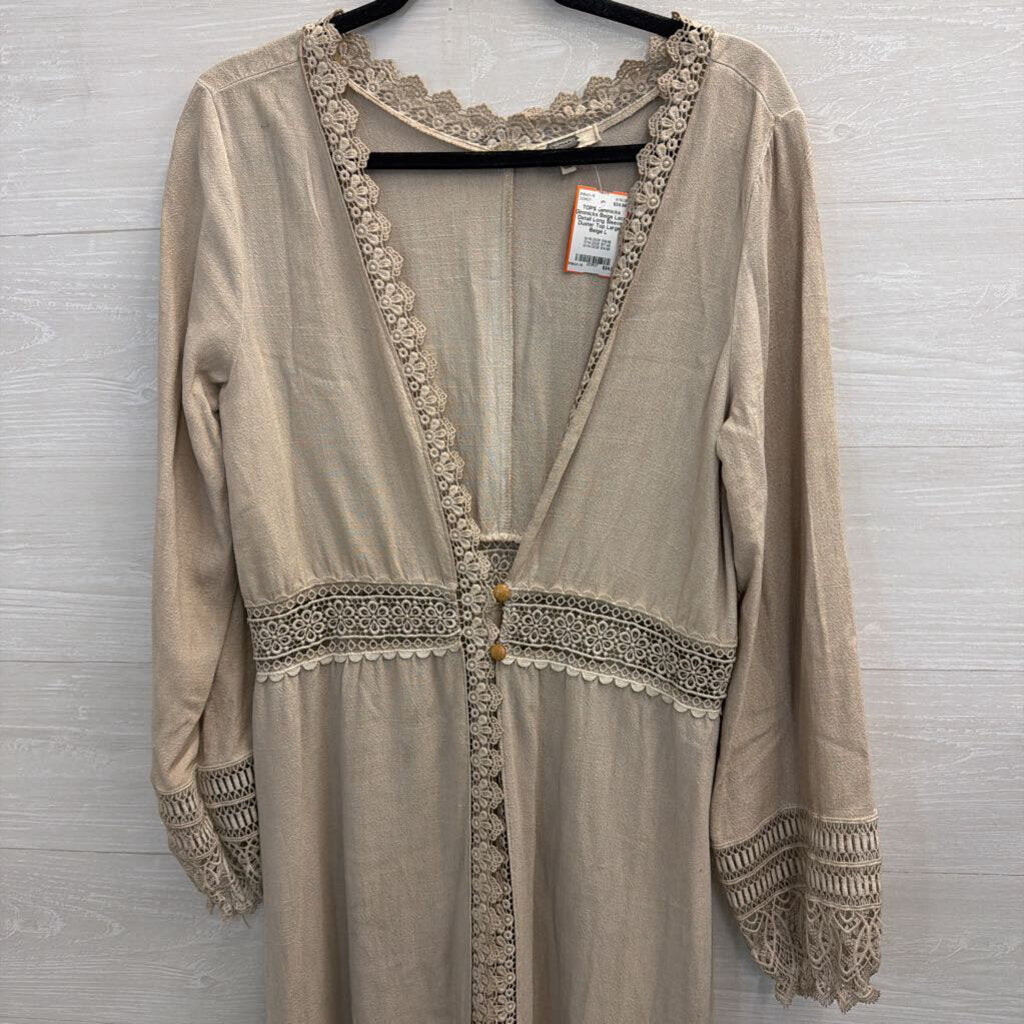 Gimmicks Beige Lace Detail Long Sleeve Duster Top Large