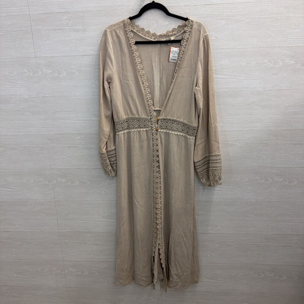 Gimmicks Beige Lace Detail Long Sleeve Duster Top Large