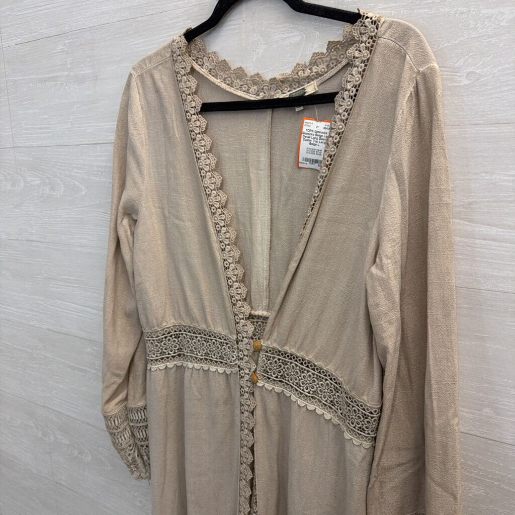 Gimmicks Beige Lace Detail Long Sleeve Duster Top Large