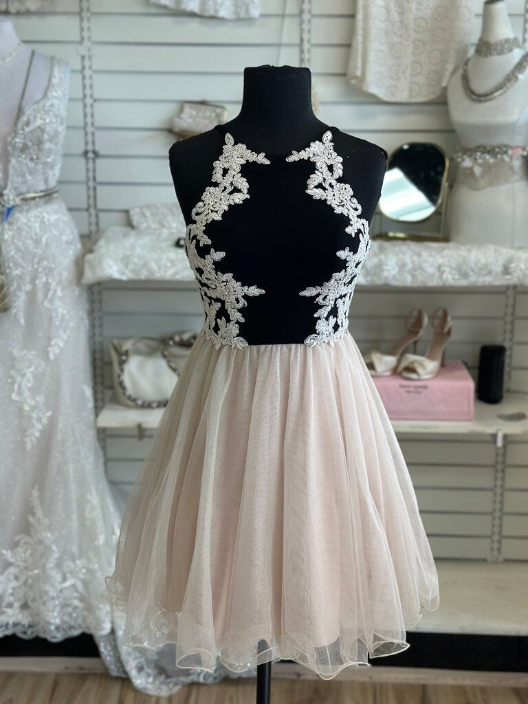Blondie Nites Black/ Beige Lace Detail Tulle Skirt Short Formal Dress 3