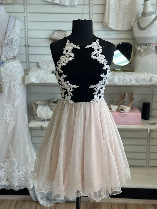 Blondie Nites Black/ Beige Lace Detail Tulle Skirt Short Formal Dress 3