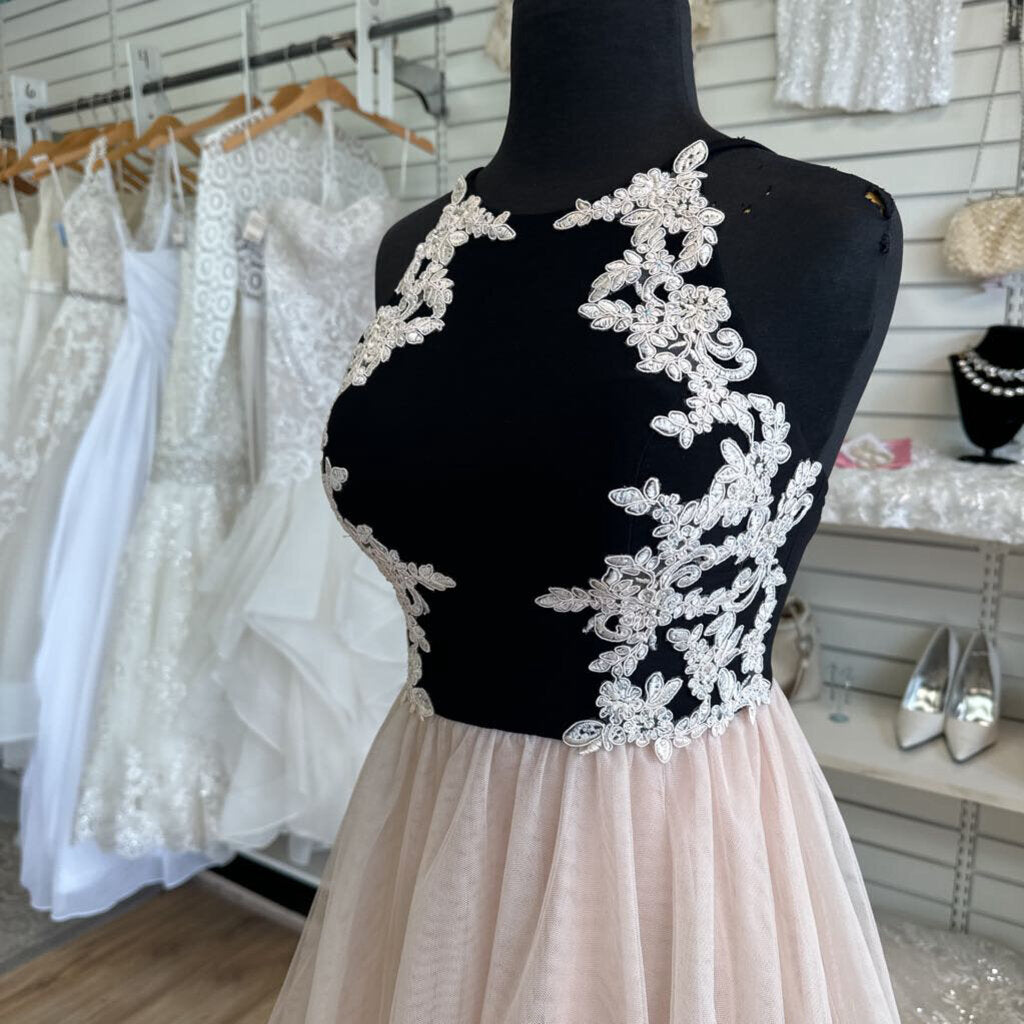 Blondie Nites Black/ Beige Lace Detail Tulle Skirt Short Formal Dress 3
