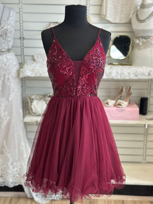 Blondie Nites Burgundy Sequin Top Tulle Skirt Short Formal Dress 1