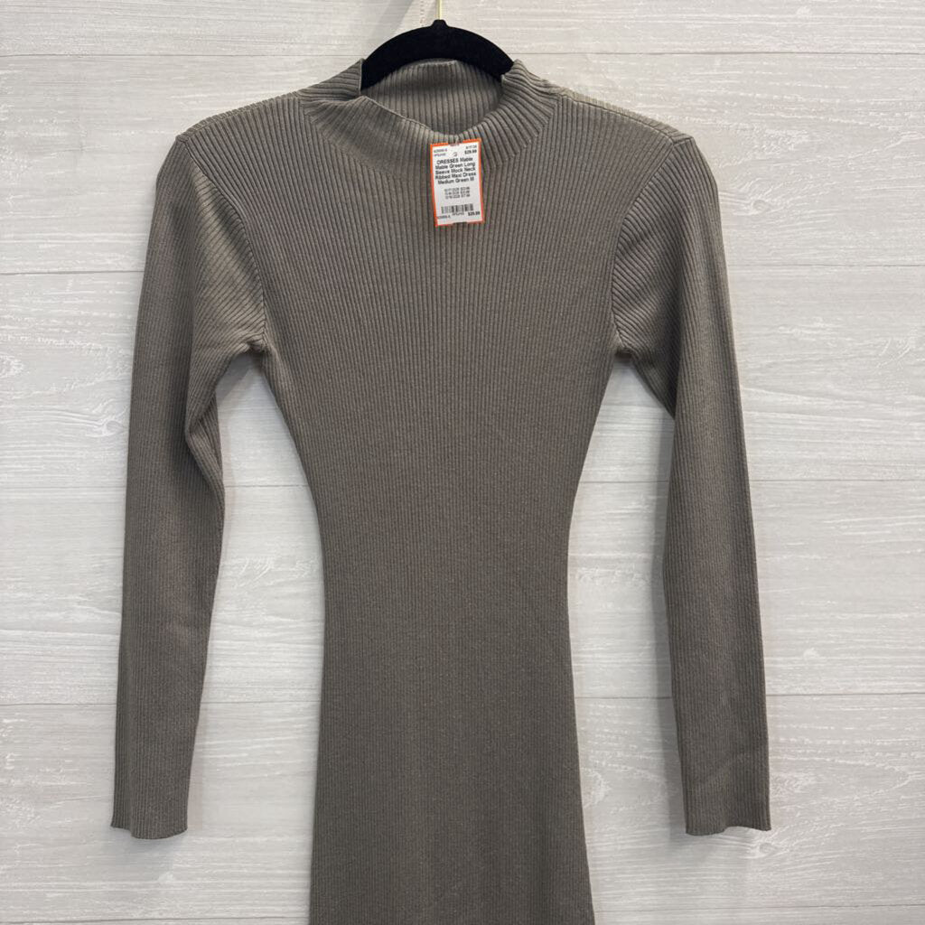 Mable Green Long Sleeve Mock Neck Ribbed Maxi Dress Medium