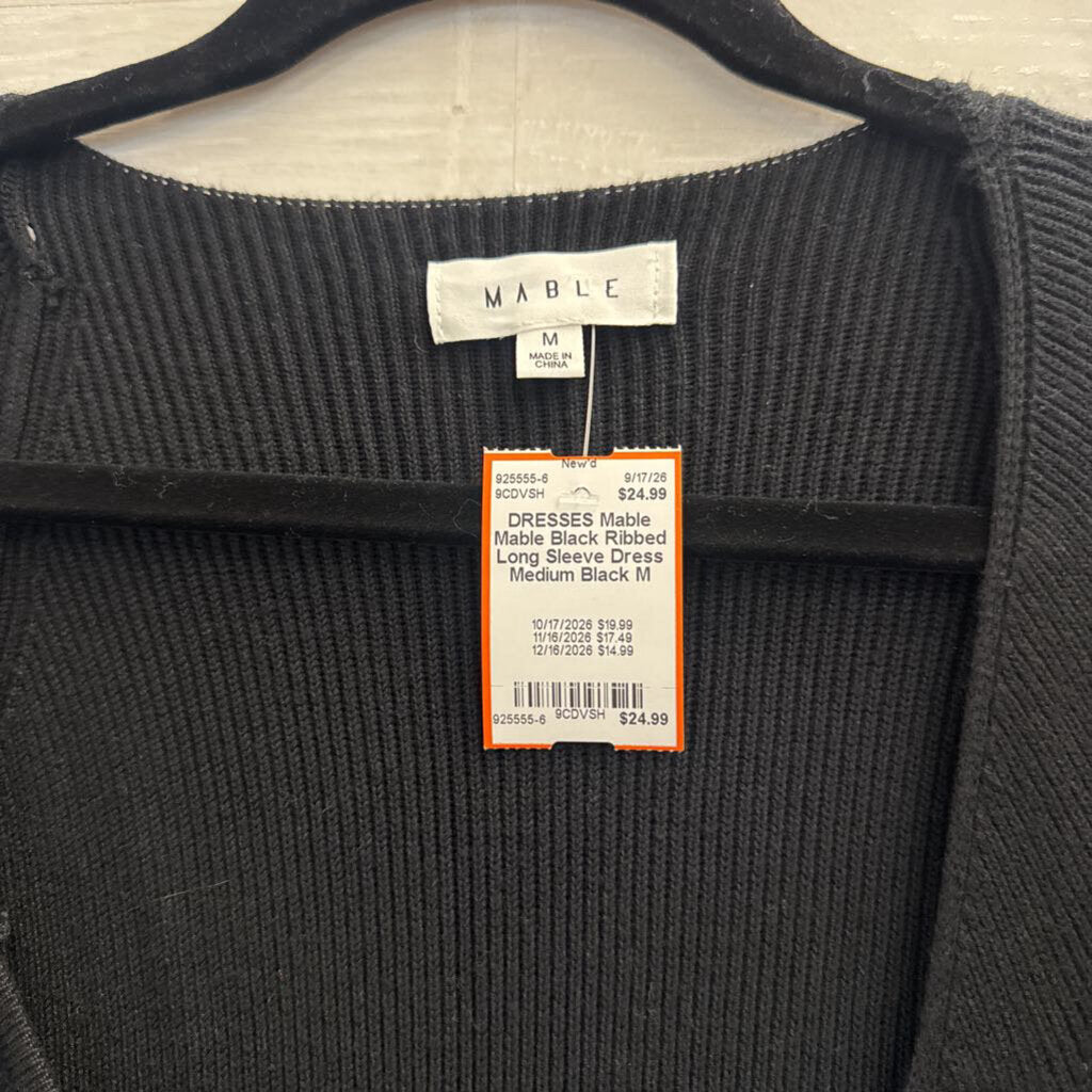 Mable Black Ribbed Long Sleeve Dress Medium