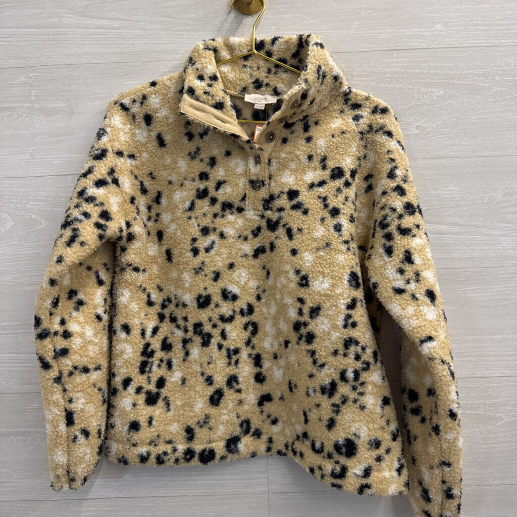 Loft Beige/ Black Print Fleece Henley Pullover Extra Small