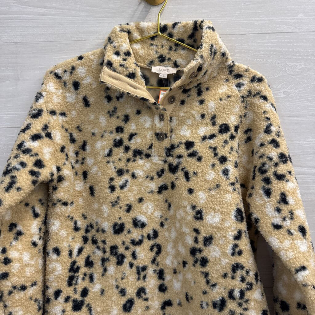 Loft Beige/ Black Print Fleece Henley Pullover Extra Small