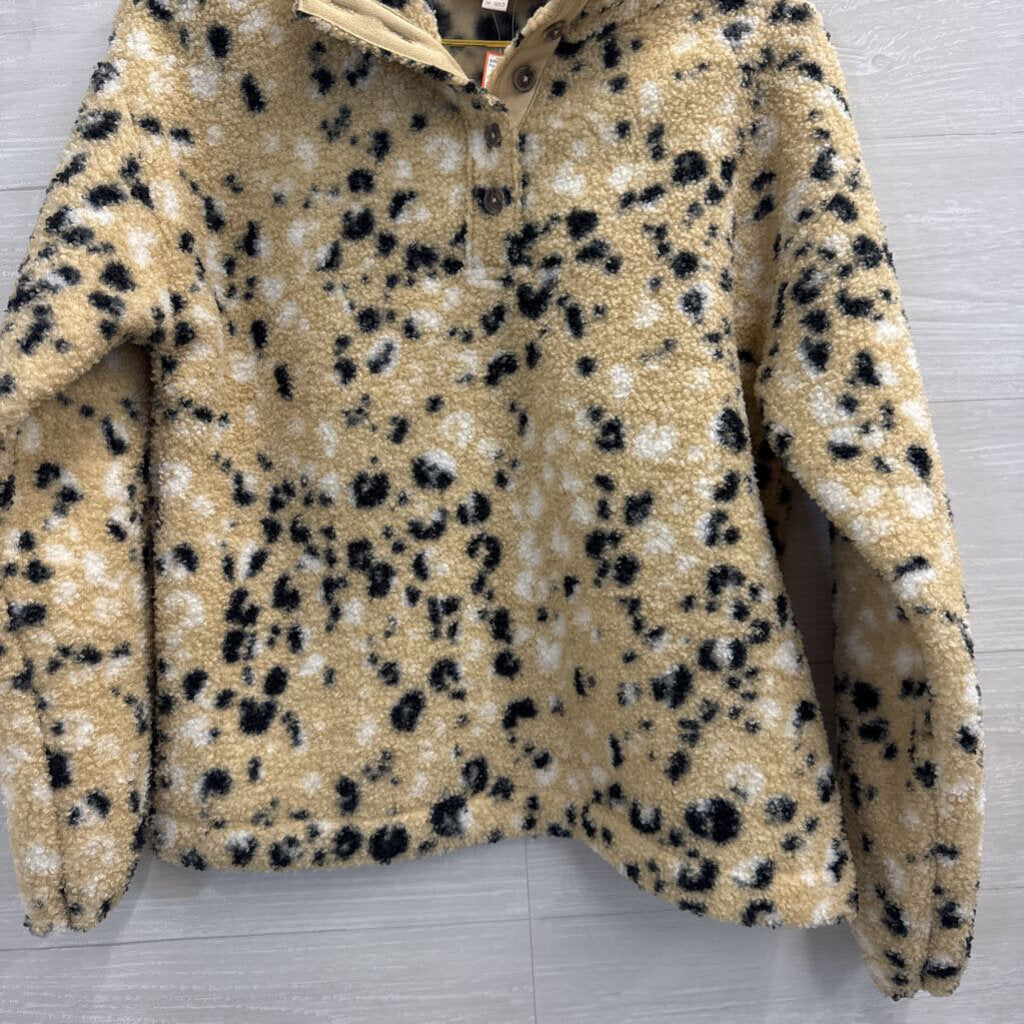 Loft Beige/ Black Print Fleece Henley Pullover Extra Small