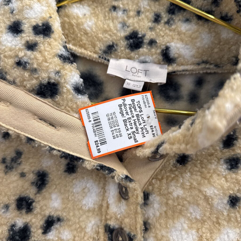 Loft Beige/ Black Print Fleece Henley Pullover Extra Small
