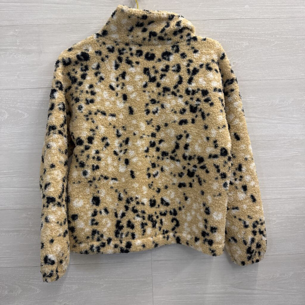 Loft Beige/ Black Print Fleece Henley Pullover Extra Small