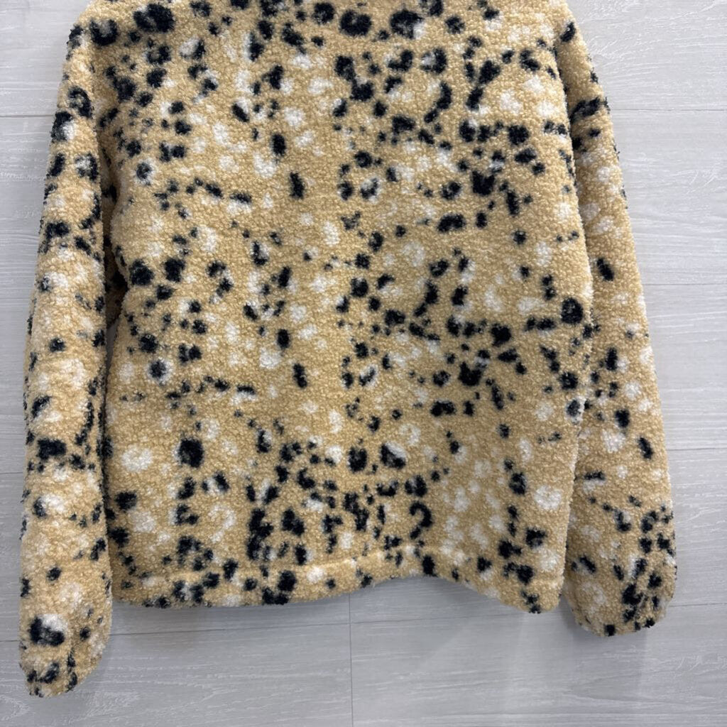 Loft Beige/ Black Print Fleece Henley Pullover Extra Small