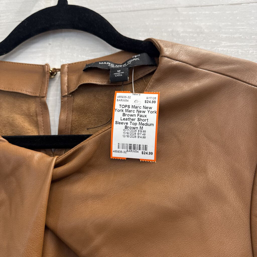 Marc New York Brown Faux Leather Short Sleeve Top Medium