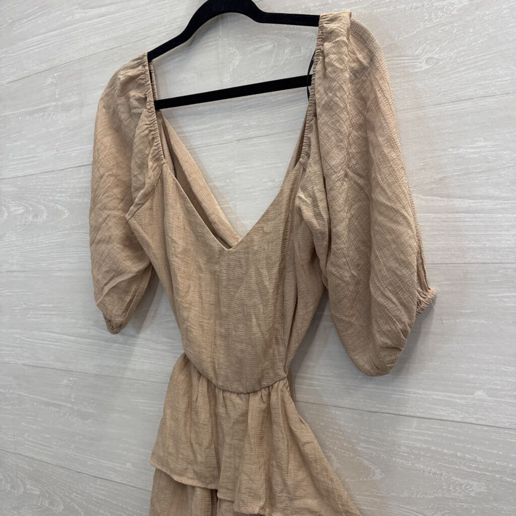 Beige Long Sleeve Open Tie Back Dress Large