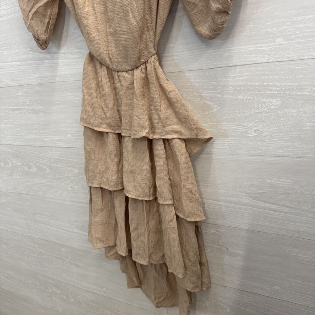 Beige Long Sleeve Open Tie Back Dress Large