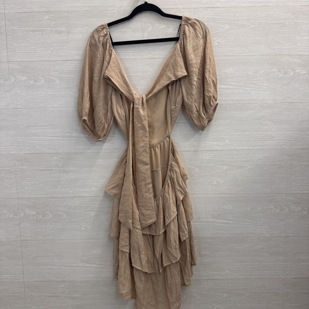 Beige Long Sleeve Open Tie Back Dress Large