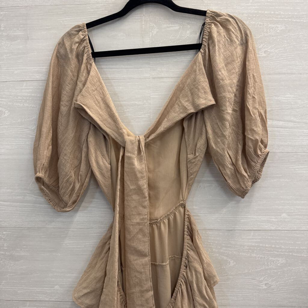 Beige Long Sleeve Open Tie Back Dress Large