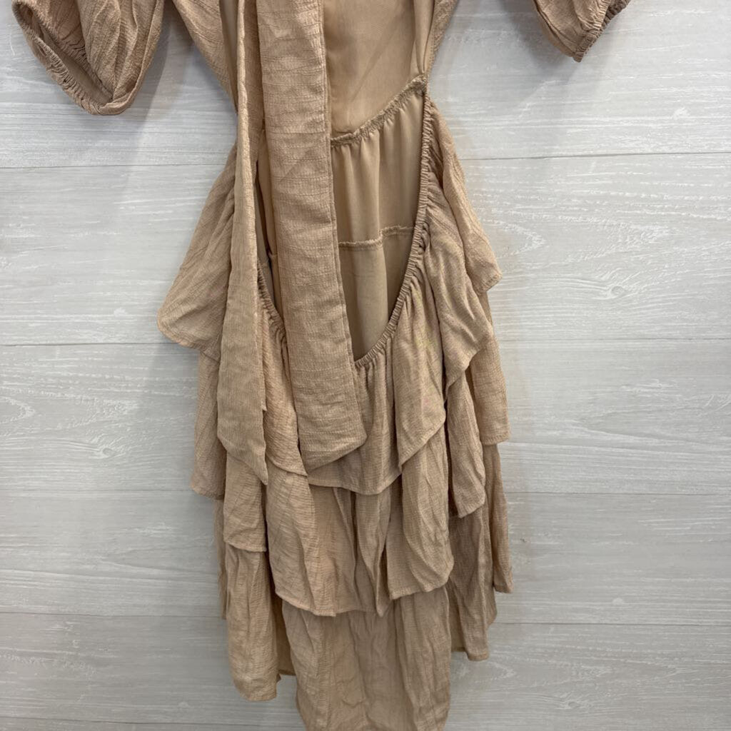 Beige Long Sleeve Open Tie Back Dress Large