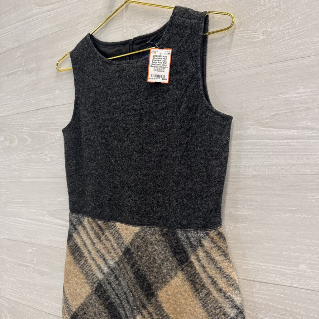 Paul Costelloe Grey/ Beige Plaid Skirt Sleeveless Wool Blend Dress Extra Small