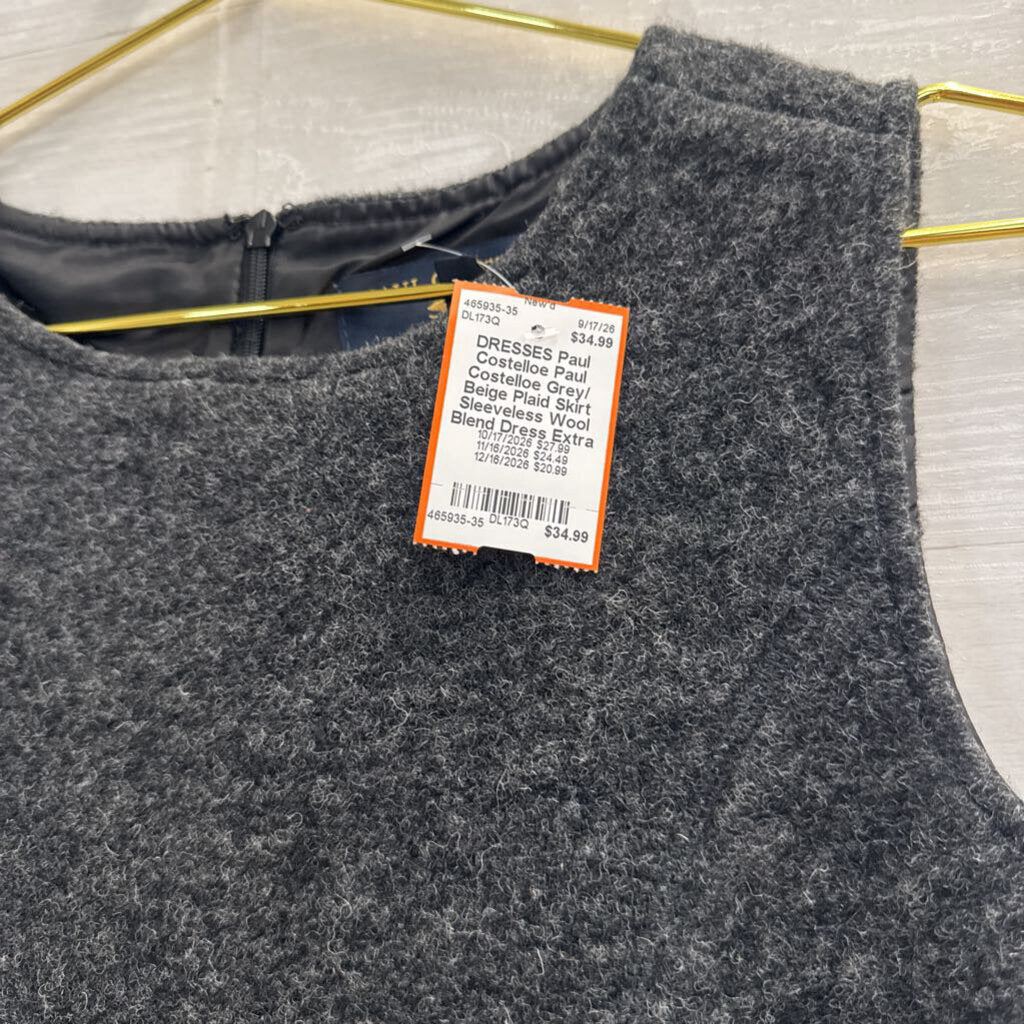 Paul Costelloe Grey/ Beige Plaid Skirt Sleeveless Wool Blend Dress Extra Small
