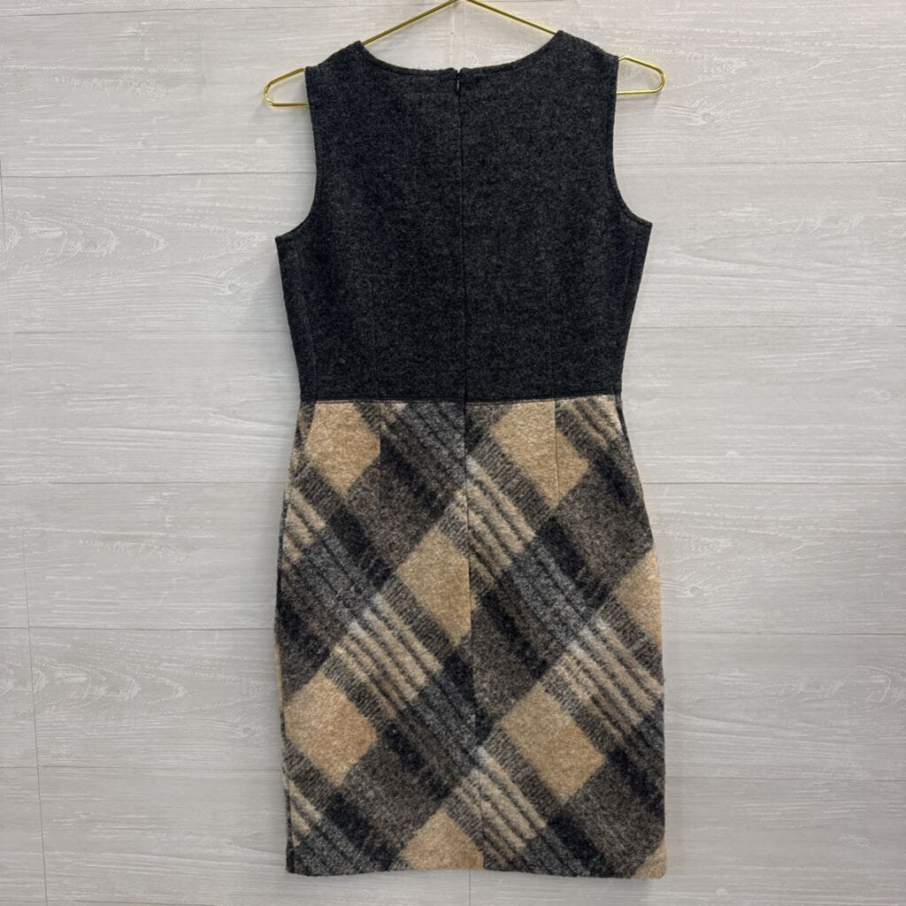 Paul Costelloe Grey/ Beige Plaid Skirt Sleeveless Wool Blend Dress Extra Small