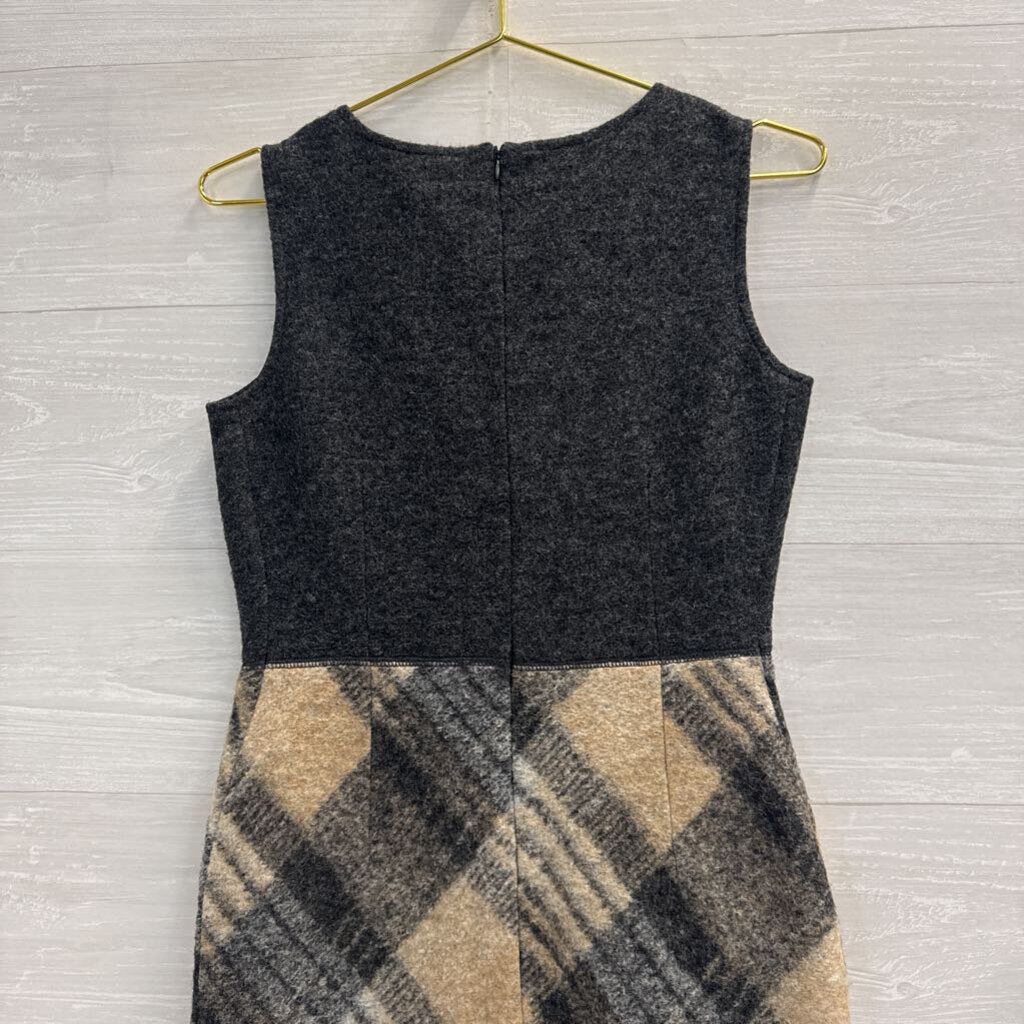 Paul Costelloe Grey/ Beige Plaid Skirt Sleeveless Wool Blend Dress Extra Small