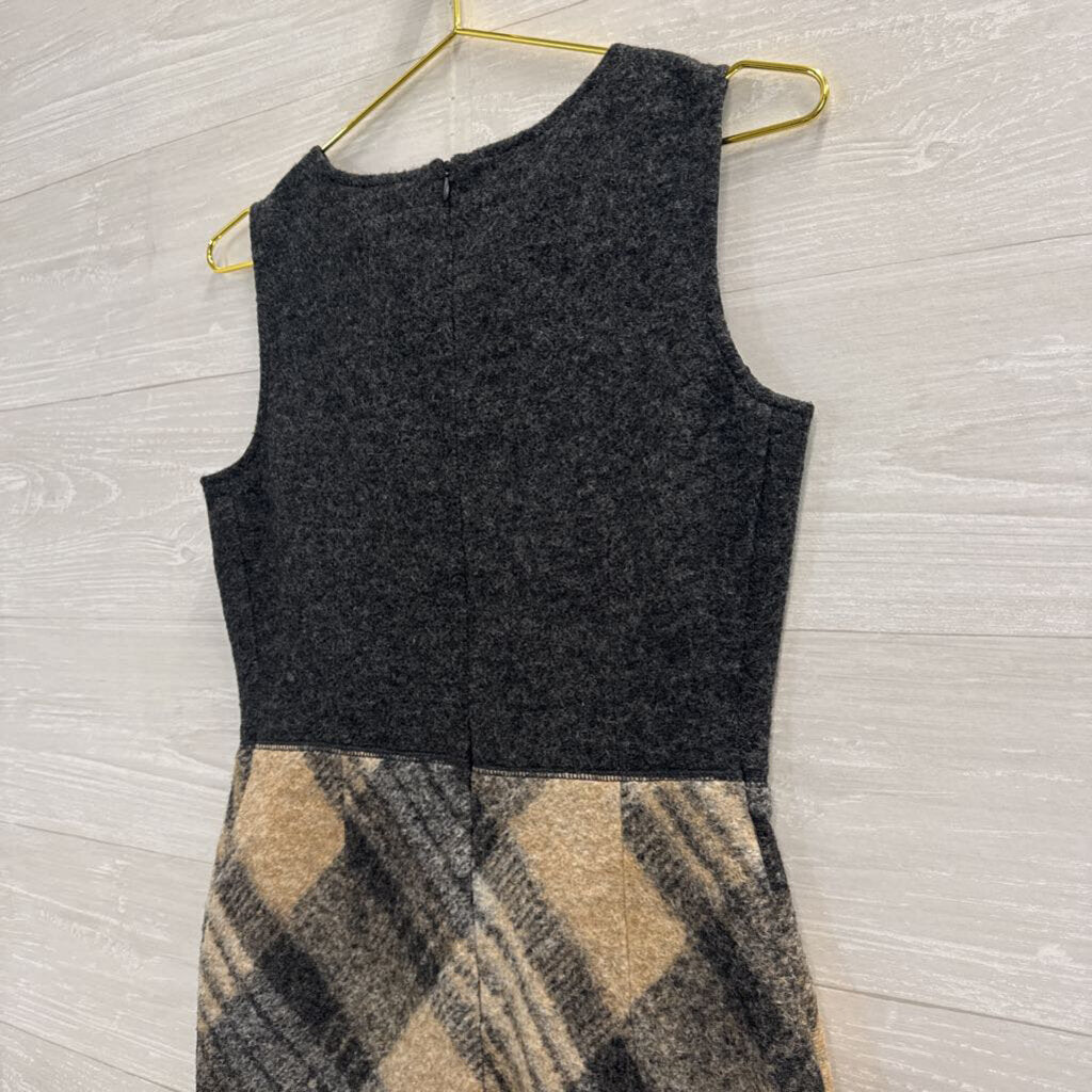 Paul Costelloe Grey/ Beige Plaid Skirt Sleeveless Wool Blend Dress Extra Small