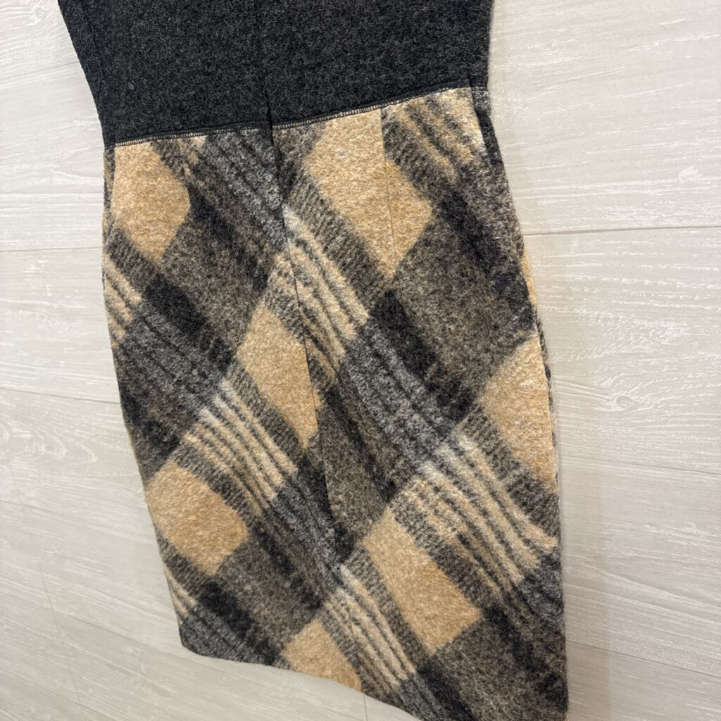 Paul Costelloe Grey/ Beige Plaid Skirt Sleeveless Wool Blend Dress Extra Small